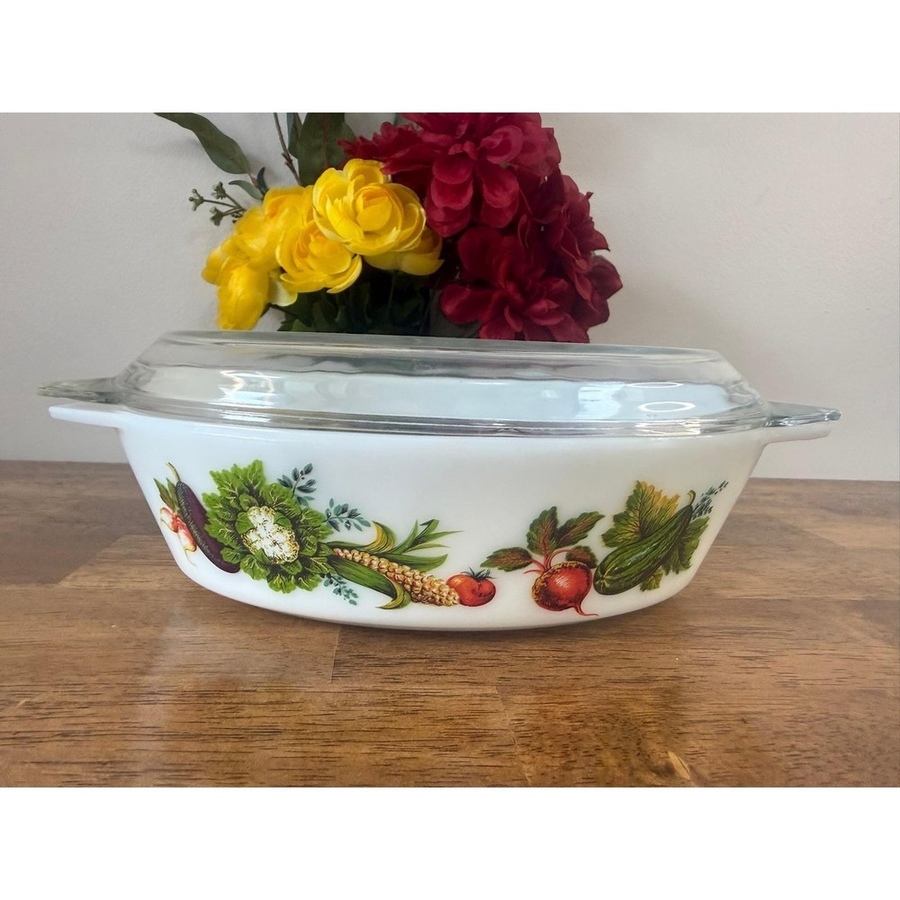 Vintage JAJ Pyrex Market Garden Casserole Dish Lid Milk Glass Vegetable England